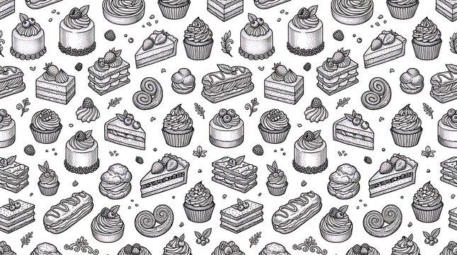 Seamless Pattern of Hand-Drawn Desserts and Pastries on White Background.