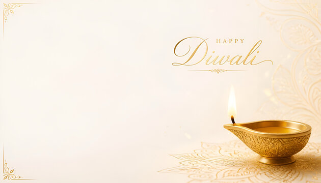 Lit golden diya oil lamp on a textured cream background for diwali celebration greeting with holiday season festival celebration tradition religion decorative