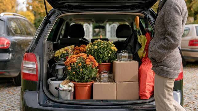 Packed car boot with autumn chrysanthemums and boxes at outdoor market for all saints day remembrance for design card poster background