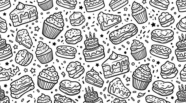 Delicious Assortment of Cakes and Pastries Doodle Pattern.