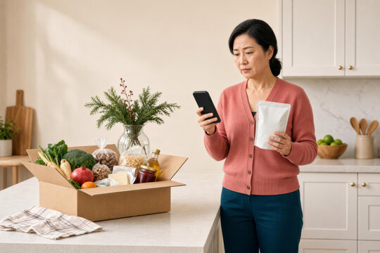 Woman Checking Delivered Holiday Groceries for Dietary-Safe Substitutions