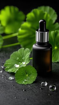 A sleek, dark glass dropper bottle surrounded by vibrant green leaves and small water droplets