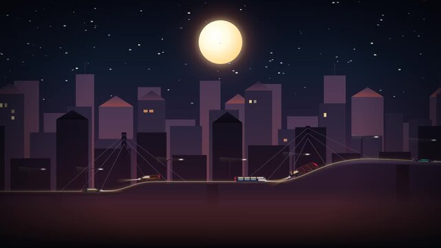 Cityscape Parallax Animation with Driving Cars Under Full Moon Night Sky
