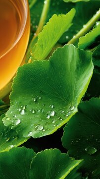 A close-up view of lush green leaves adorned with water droplets beside a clear beverage