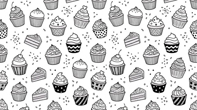 Hand Drawn Cupcakes and Cake Slices Seamless Pattern.