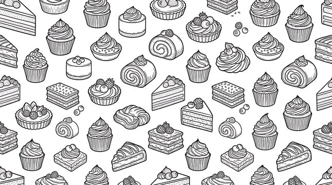 Hand Drawn Seamless Pattern of Delicious Cakes and Cupcakes.
