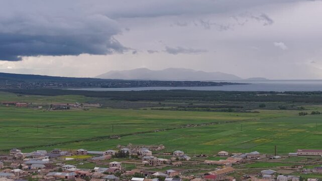 Aerial view of Noratus village and Lake Sevan, Armenia.