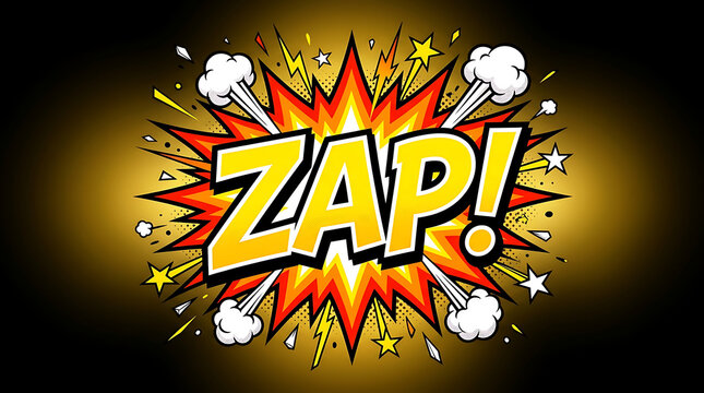 Comic Explosion ZAP Graphic with Bursting Stars and Smoke, Retro Pop Art Style Illustration