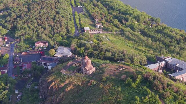 Aerial view of Sevanavank monastery overlooking Lake Sevan, Armenia.