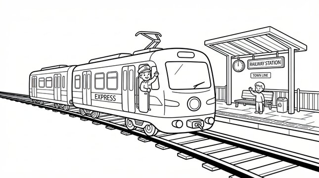 A black and white coloring page of an express train at a railway station for kids
