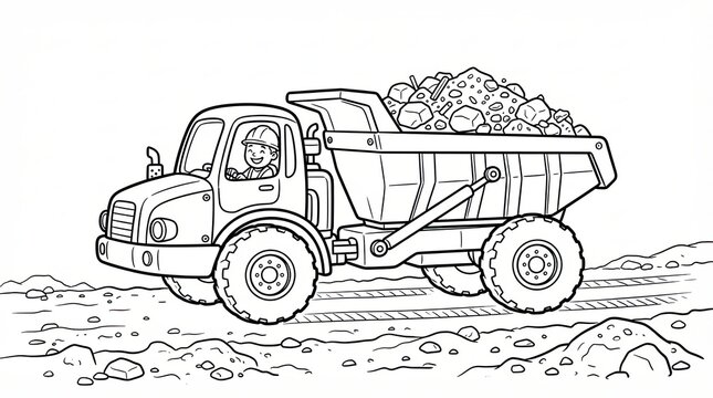Cartoon dump truck with a driver carrying a load of rocks on a construction site