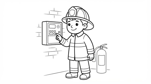 Little boy dressed as a firefighter pressing a button on a wall alarm control panel