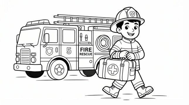 Little boy dressed as a firefighter holding a medical kit near a fire truck vehicle