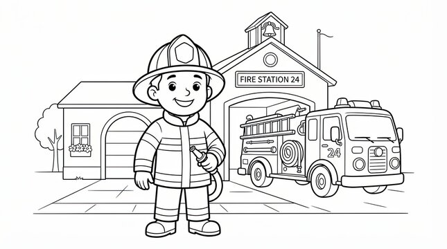 Cute little firefighter standing in front of a fire station with a fire truck