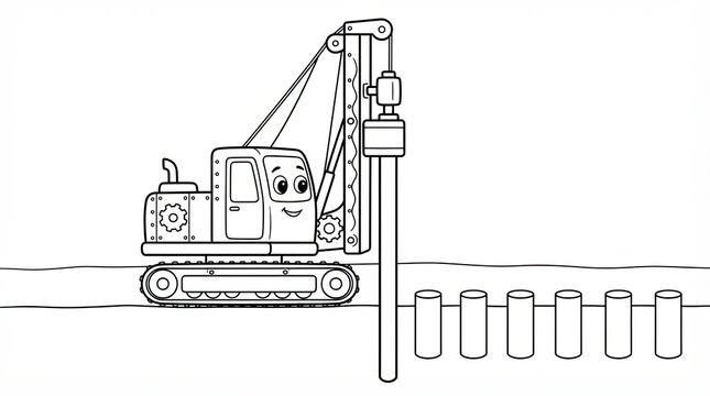 Cute cartoon drilling machine working on a construction site for children coloring page