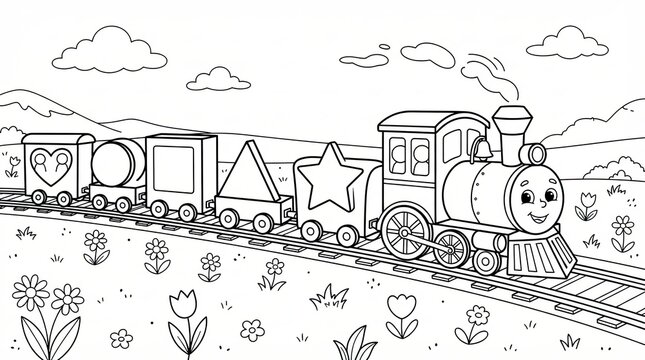 Cute cartoon toy train with geometric shapes on a railway in a summer meadow