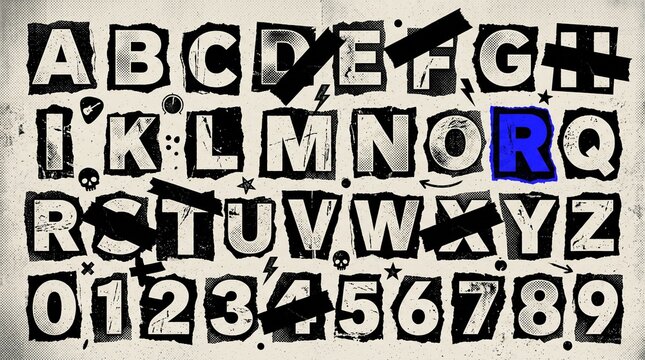 Set of uppercase letters and numbers in a stylized ransom note typography design with distressed textures and black ink tape accents