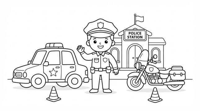 Cute police officer standing in front of a police station with a car and motorcycle