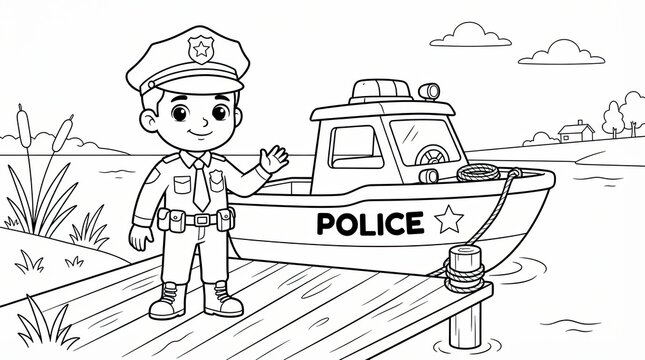 A cute police officer standing on a wooden pier next to a police boat coloring page