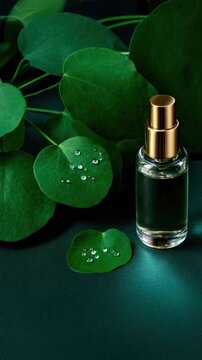 A sleek glass bottle with a golden cap, surrounded by lush green leaves and water droplets