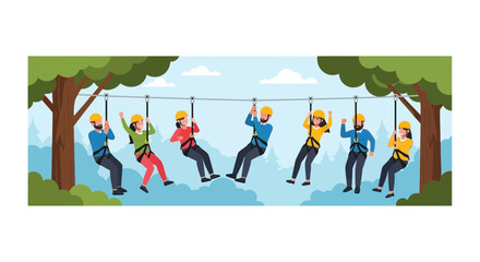 Fototapeta premium Group of People Ziplining in Forest Flat Vector Illustration