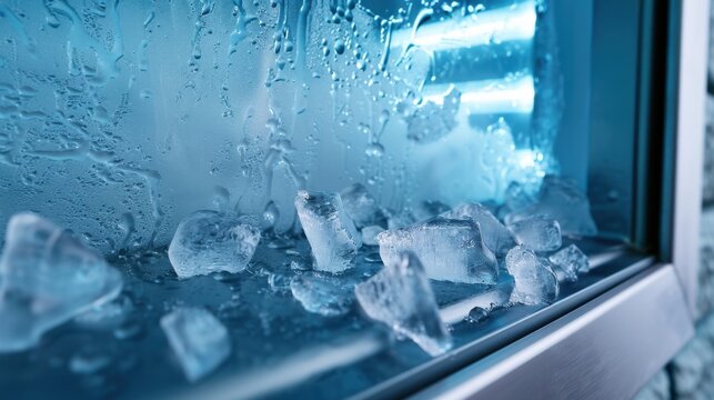 Ice Cubes on Wet Metal Surface with Water Drops and Blue Light Reflections in a Clean Environment