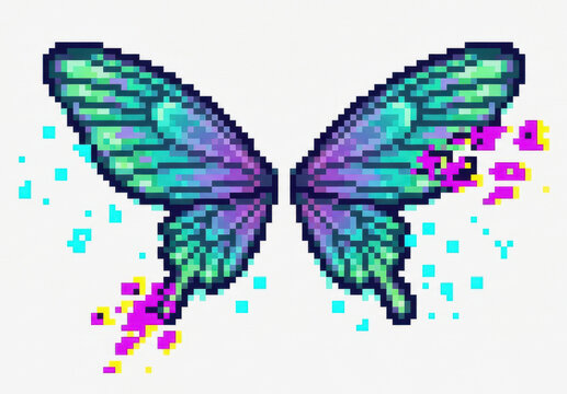 Pixel art butterfly with turquoise wings, violet accents, and colorful digital particles