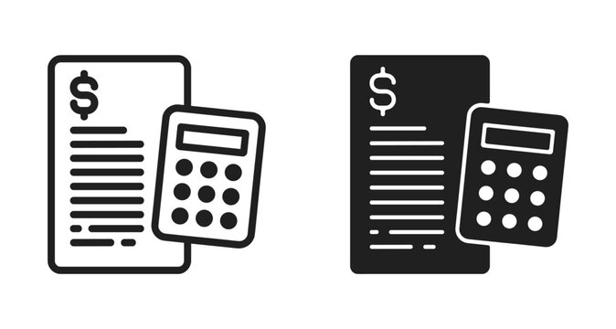 Financial Calculation and Analysis. A clear and simple icon pair illustrating a document with a dollar sign and a calculator, representing financial management, accounting, and analysis.