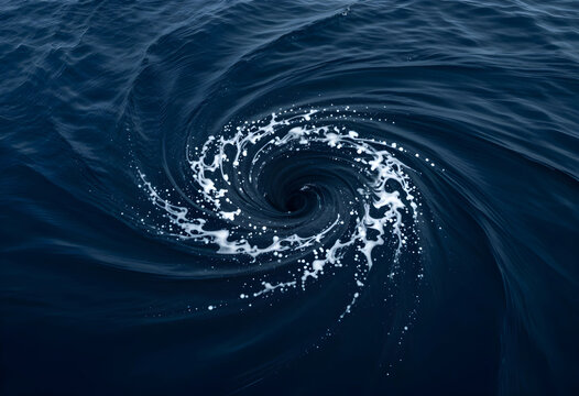 Chaos and instability concept, powerful whirlpool spinning in deep dark ocean water with white foam and turbulent currents creating a dangerous vortex