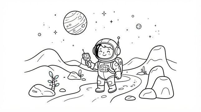 Cute little astronaut exploring a planet surface line art drawing