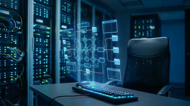 Holographic flowchart displayed above a keyboard in a server room algorithm process
