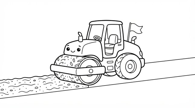 Cute cartoon road roller vehicle for kids coloring page black and white