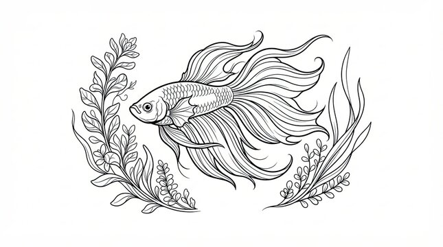 Beautiful betta fish swimming with aquatic plants in a detailed line art illustration