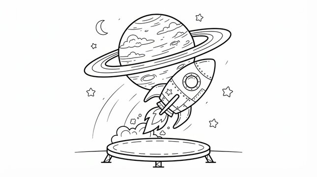 Cute cartoon rocket ship taking off from a platform to space planet