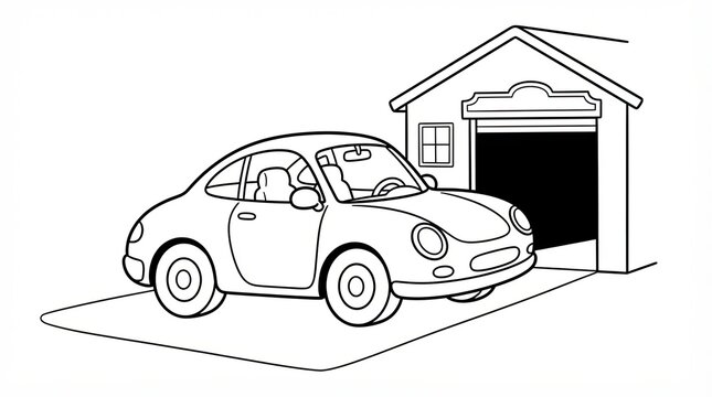 A small sport car parked in front of a house garage line art drawing