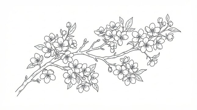 Beautiful blooming cherry blossom branch sketch isolated on a white background