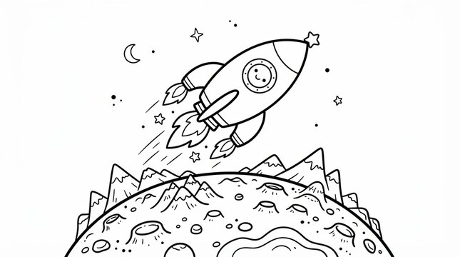 Hand drawn rocket ship flying over the moon in outer space