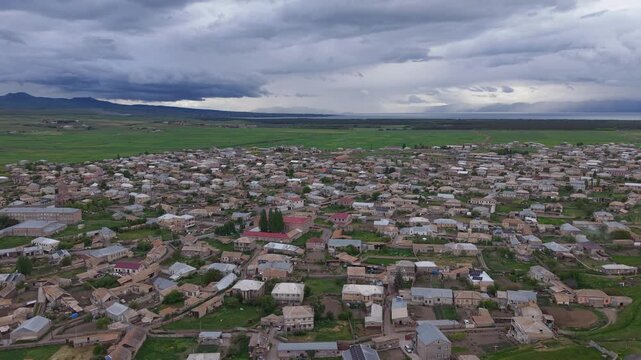 Aerial view of Noratus Cemetery and village in Armenia.