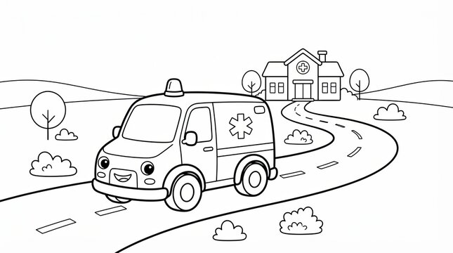 Cute cartoon ambulance driving on a road to the hospital for coloring book activity