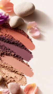 A harmonious arrangement of colorful makeup powder swatches alongside pebbles and flower petals