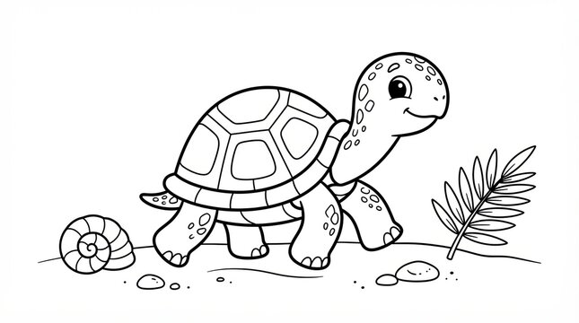 Cute cartoon turtle walking near a small plant for children coloring