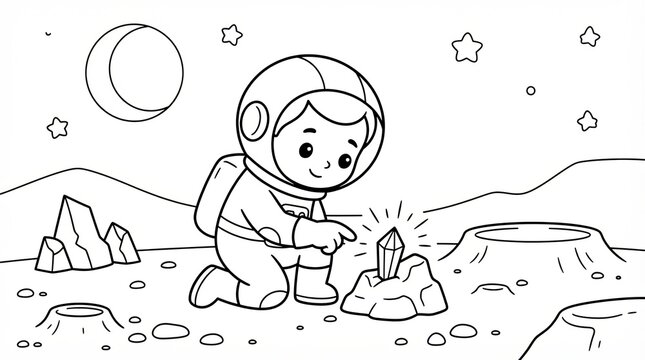 Cute astronaut boy exploring the moon surface finding a glowing crystal coloring page