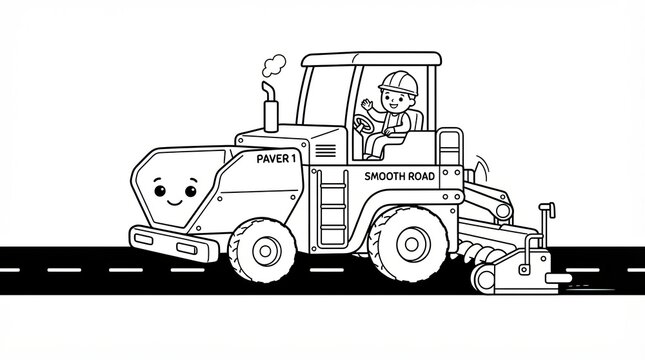 Cute cartoon road paver machine with a happy driver on a construction site