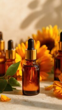 An arrangement of amber glass bottles among vibrant sunflowers and green leaves on a neutral surface