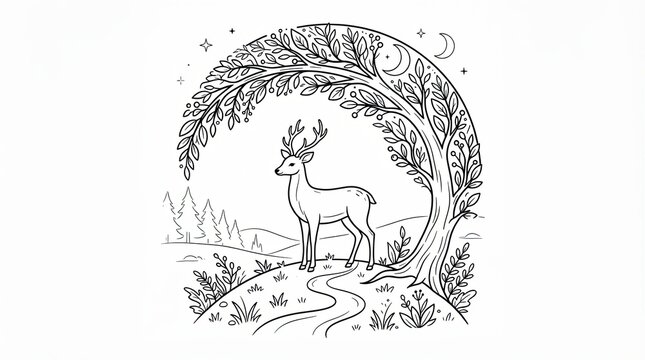 A beautiful deer standing under a large tree in a forest line art