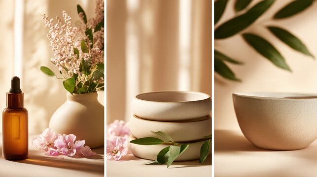 A serene arrangement features a bottle, ceramic bowls, flowers, and leaves against a soft backdrop
