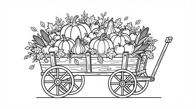 Wooden wagon filled with autumn harvest pumpkins and corn vegetables
