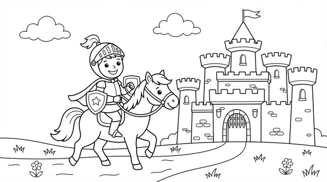Little knight riding a horse in front of a big stone castle drawing
