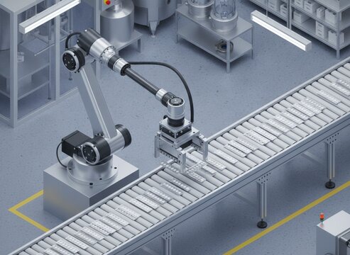 Isometric robotic arm dispensing blister packs onto conveyor belt, consistent isometric angle, ground plane visible, pharmaceutical manufacturing bay.