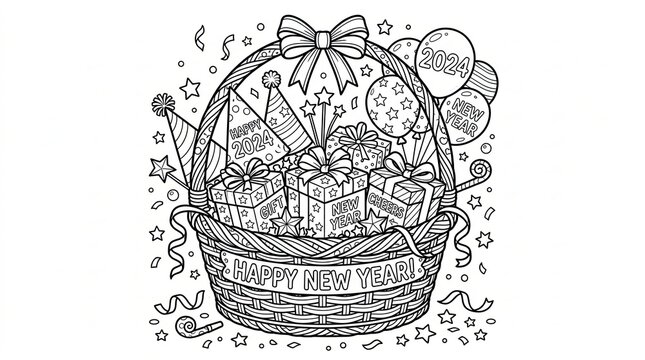 Happy new year gift basket with presents and party balloons line art